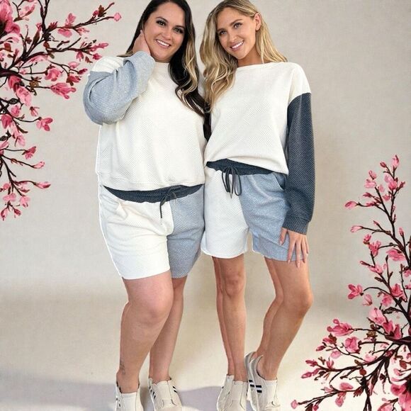 Blue Contrast Color Block Drop Shoulder Long Sleeve Top & Shorts Lounge Set NWT - Picture 13 of 13